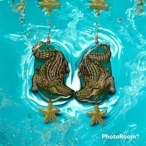 CROCODILE earrings handpainted alligator reptiles, wildlife, Africa OOAK